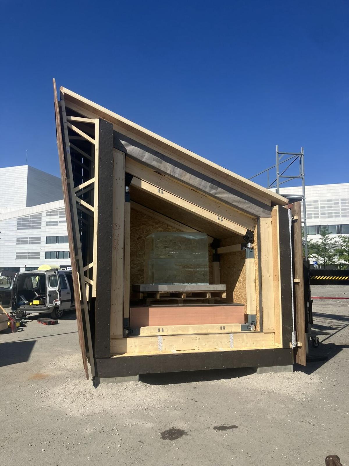 Ice block being installed into the passive house for testing as a part of the Drastic Ice Box Challenge in Oslo, Norway in May 2024.