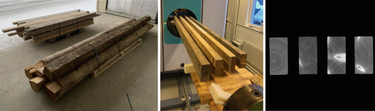56 planks and 5 barn timber logs (left), sample setup during CT scanning (middle) and a section of the scan (right)