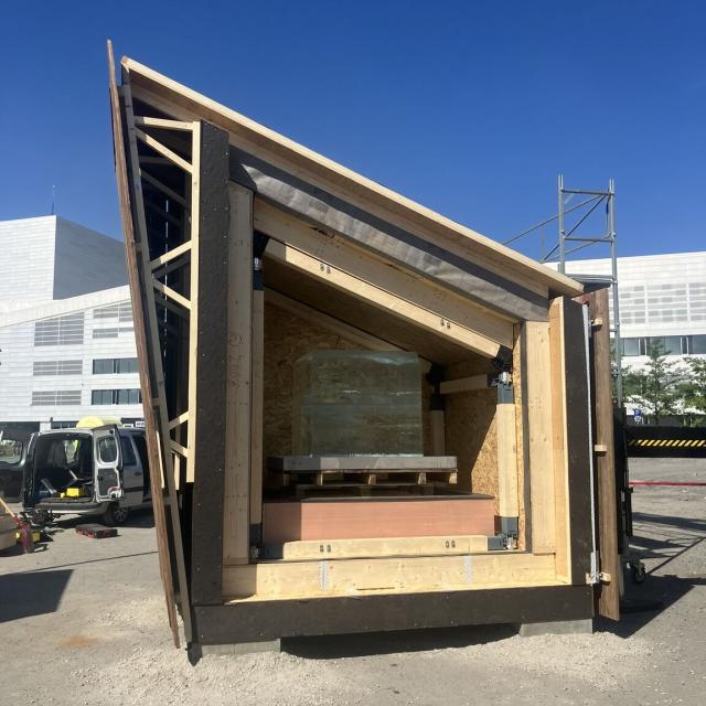 Ice block being installed into the passive house for testing as a part of the Drastic Ice Box Challenge in Oslo, Norway in May 2024.